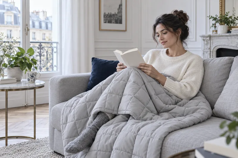 Une femme lit sur un canapé gris, les jambes sous une couverture lestée grise matelassée